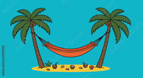 Island getaway hammock between palm trees tropical scene