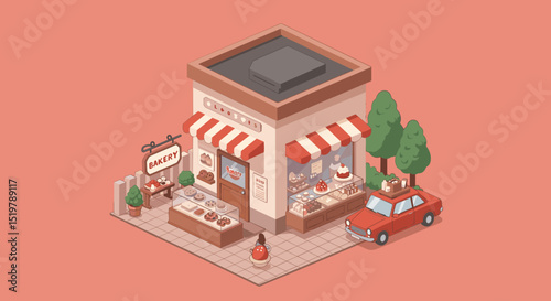 Isometric bakery shop with customer and car