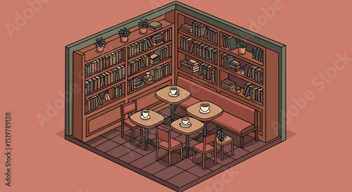 Isometric bookshop cafe room interior