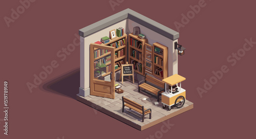 Isometric bookstore with benches and coffee cart