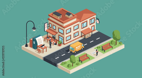 Isometric building delivery transport cityscape urban scene