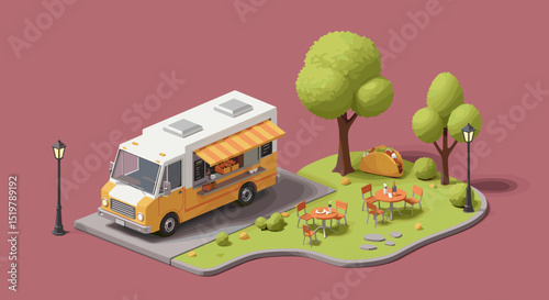 Isometric food truck park outdoor dining scene