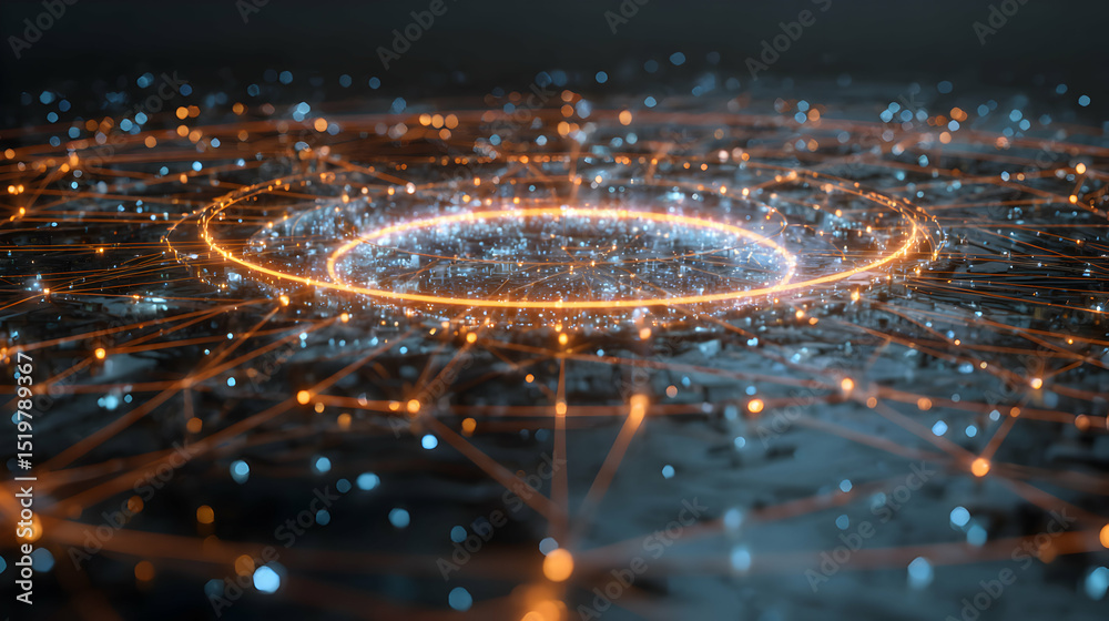 Abstract data flow visualization with glowing nodes and connections forming a complex network