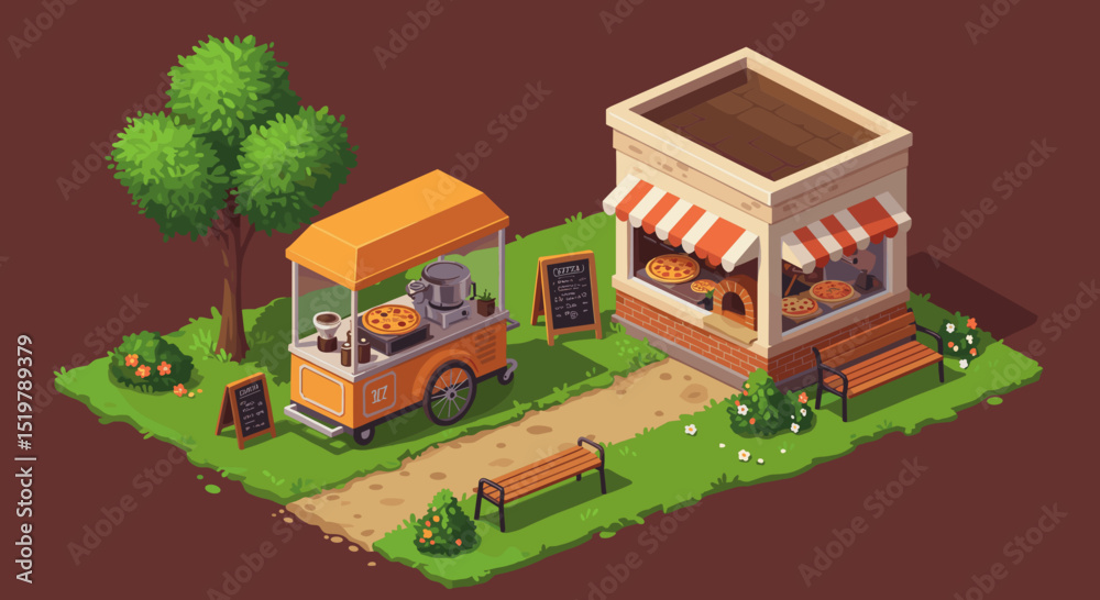 Obraz premium Isometric pizza store and cart on grass