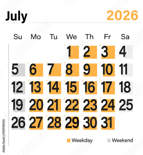 Minimal vector calendar for July 2026 with color-coded weekdays and weekends, ready for print and digital planning