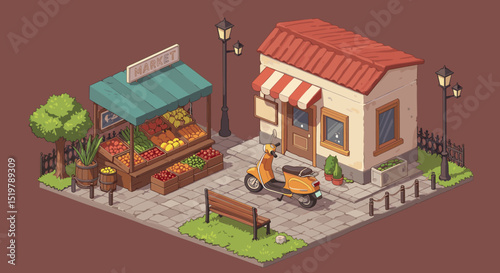 Isometric market scene with scooter and shop