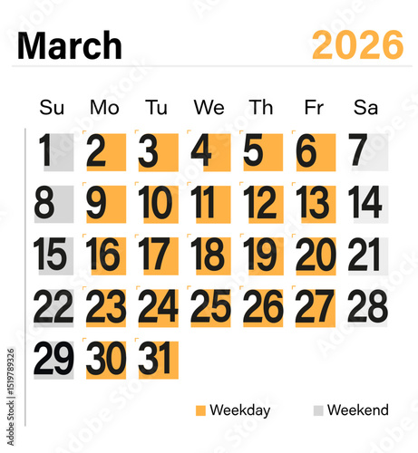 Minimal vector calendar for March 2026 with color-coded weekdays and weekends, ready for print and digital planning