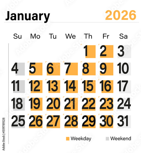 Minimal vector calendar for January 2026 with color-coded weekdays and weekends, ready for print and digital planning