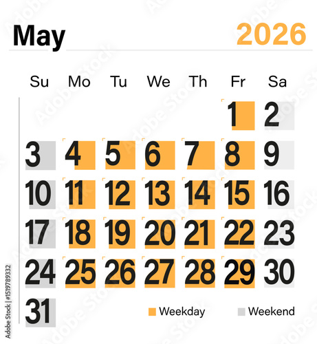 Minimal vector calendar for May 2026 with color-coded weekdays and weekends, ready for print and digital planning