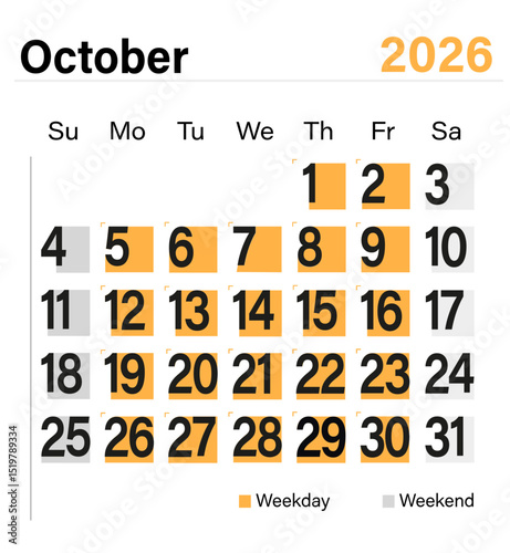 Minimal vector calendar for October 2026 with color-coded weekdays and weekends, ready for print and digital planning