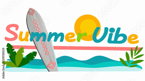Catching the summer vibes surfboard on the beach under a bright sun and refreshing waves in a flat lay graphic