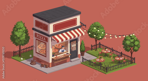 Isometric pizza restaurant with outdoor seating design
