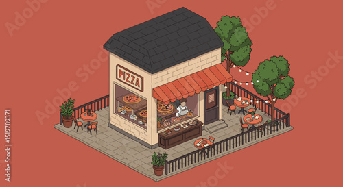 Isometric pizza shop with outdoor seating
