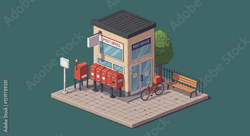 Isometric post office scene with bike and bench