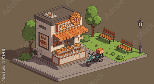 Isometric pizza shop with scooter and park scene