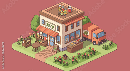 Juice shop building with delivery truck and flowers