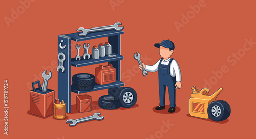 Mechanic in garage with tools and car parts