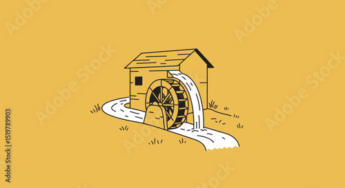 Old watermill house with wheel and stream