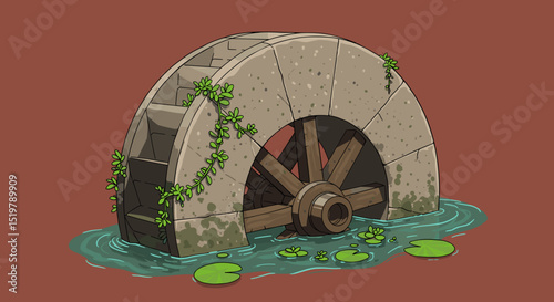 Old water wheel stone structure with green plant