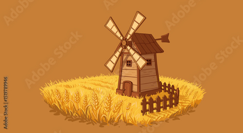 Old windmill in golden wheat field