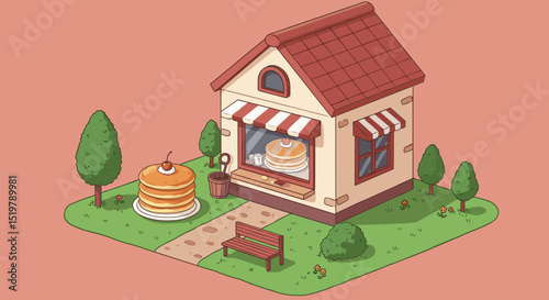 Pancake house isometric view, sweet treat store