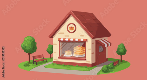 Pancake shop building with park bench scene