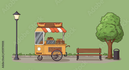 Park scene with food cart, bench, and lamppost
