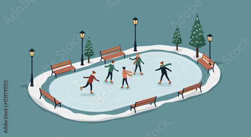 People ice skating at outdoor winter park