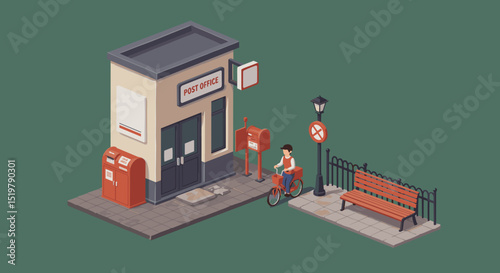 Post office scene with bicycle and bench
