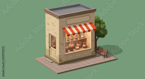 Pottery shop with bench and tree isometric view