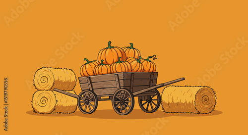 Pumpkins cart hay bales fall harvest scene