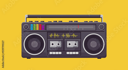Retro boombox stereo musical device on yellow background