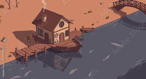 Riverside house with dock and bridge landscape