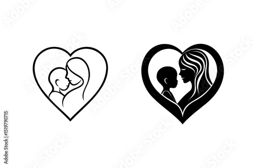 Mother and child silhouettes within heart shapes expressing love and affection in black and white