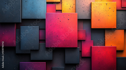 Abstract background of overlapping square shapes in vibrant colors with a textured surface.