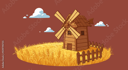 Rustic windmill in wheat field with fence