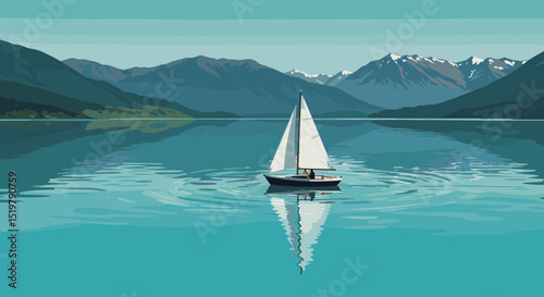 Sailboat on lake with mountain range scene