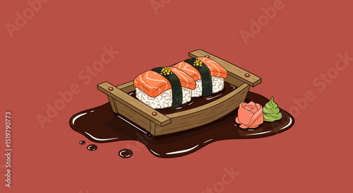 Salmon sushi nigiri soy sauce with garnish