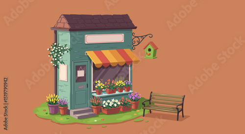 Small flower shop building with bench and birdhouse