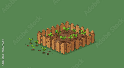 Small garden sprouts with wooden fence illustration