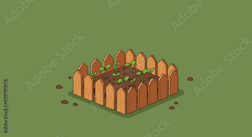 Small garden plants in a fenced plot