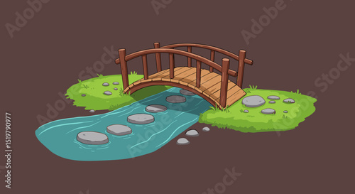 Small wooden bridge over stream with stepping stones
