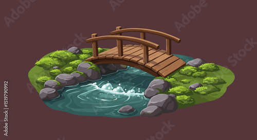 Small wooden bridge over water stream rocks