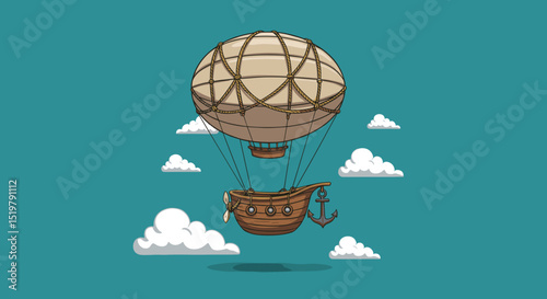 Steampunk airship with anchor flying among clouds