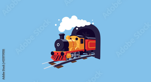 Steam engine exits tunnel on rail track