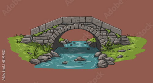 Stone bridge over creek with foliage and rocks