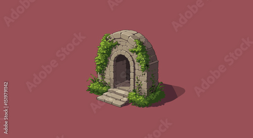 Stone doorway covered with foliage cartoon concept