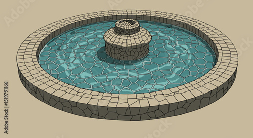 Stone fountain water well drawing antique