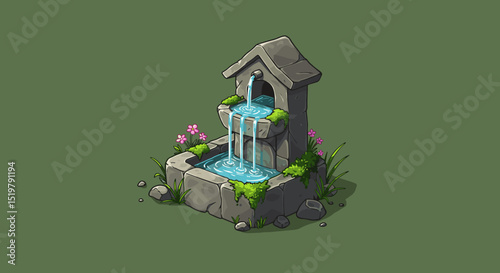 Stone fountain with water and flowers illustration