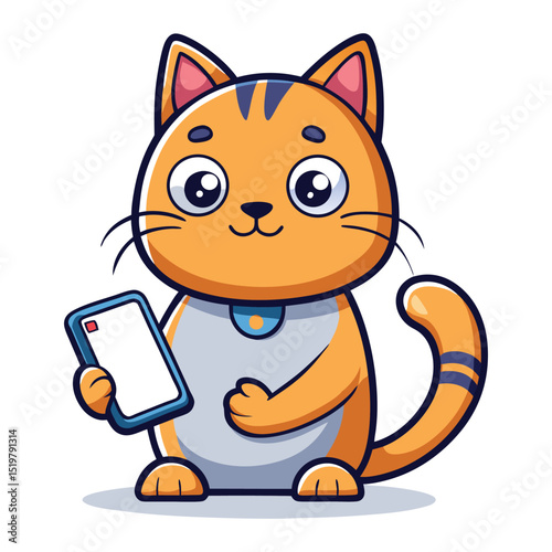 Cute cartoon cat character holding a smartphone with blank screen isolated on white